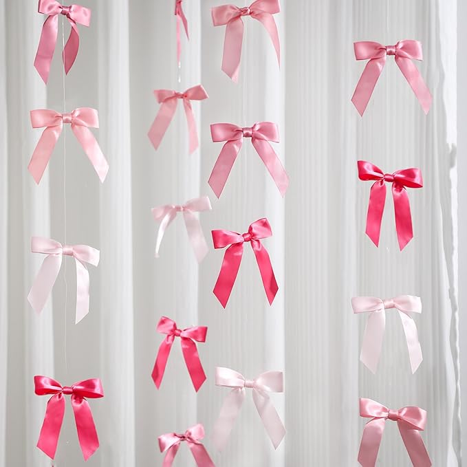 Taobary 8 Pcs 6.6 ft Bow Garland, Satin Ribbon Bow Banner Coquette Hanging Ornament for Photo Backdrop Birthday Party Wedding Bridal Baby Shower Wall Decorations(Pink Series,1 Inch)