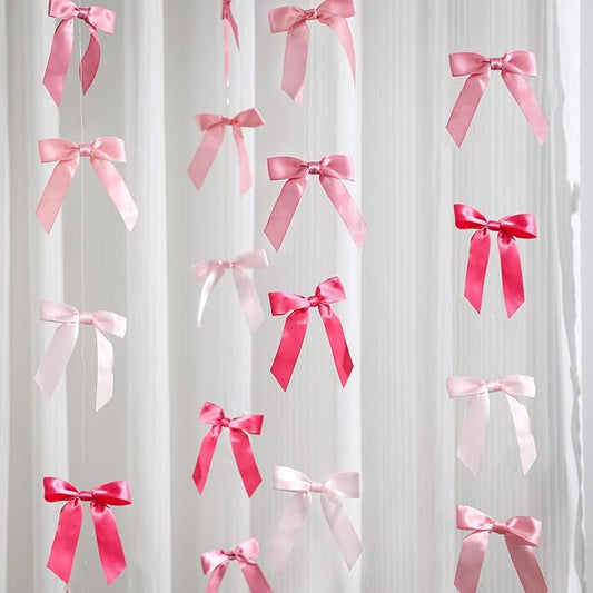Taobary 8 Pcs 6.6 ft Bow Garland, Satin Ribbon Bow Banner Coquette Hanging Ornament for Photo Backdrop Birthday Party Wedding Bridal Baby Shower Wall Decorations(Pink Series,1 Inch)