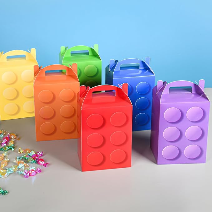 DjinnGlory 24-Pack Building Blocks Party Favor Treat Boxes, Cute Small Gable Boxes for Kids Birthdays Party, Classroom Gifts and Small Business 7.38x4.92x3.55 Inches