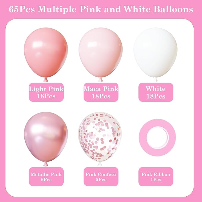 Light Pink and White Balloons Kit, 65pcs 12 Inch Pink Balloons Pastel Pink Confetti Latex Balloons for Birthday Wedding Baby Shower Party Decorations