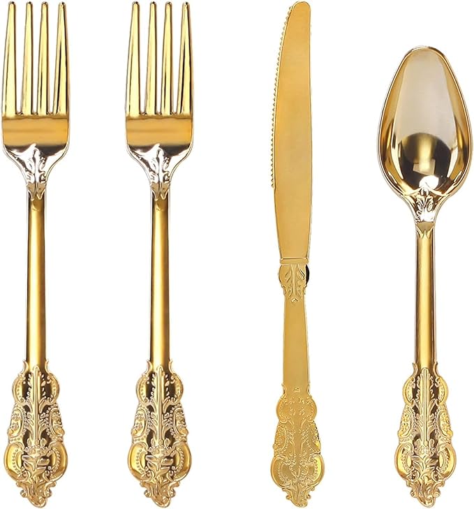 WDF 200 Pieces Gold Plastic Silverware Disposable - 50 Guests Heavy Duty Thanksgiving Gold Plastic Cutlery - Disposable Utensils Includes 100 Forks, 50 Spoons, 50 Knives Perfect for Party/Weeding