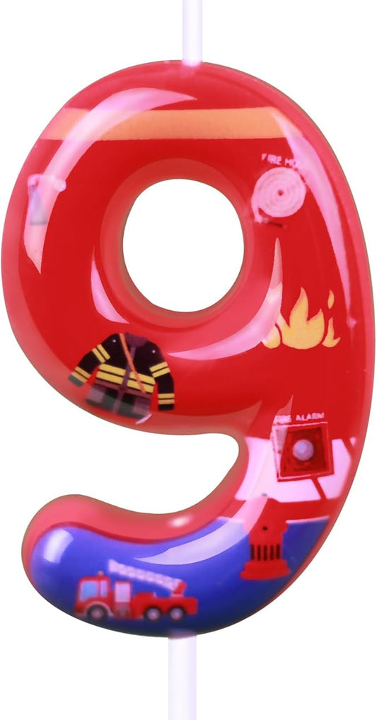 Number 9 Candle, Firetruck Fireman Cake Decoration,9th Birthday Candle Birthday Party Supplies Firefighter Themed Cake Topper Decorations for Kids Boy Girl Party Decor (red, Number 9)