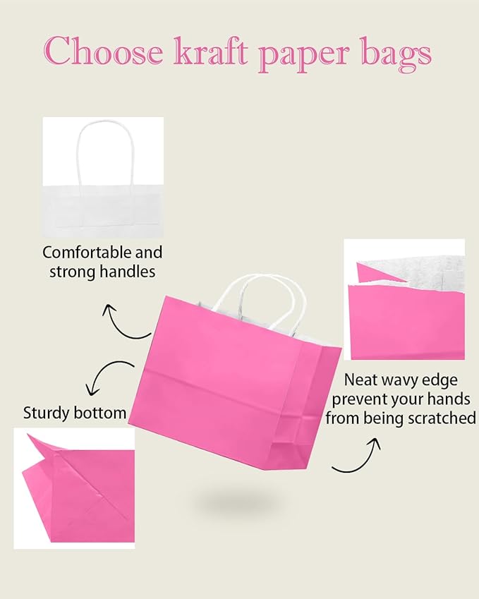 qiqee 24PCS Large Gift Bag with Handles Bulk 13"x4.5"x10" Gift Bags Pink Bags Multiple Uses (32x11x25cm,Wide Large)