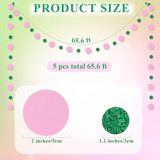 Outus 5 Pieces Pink,Green Round Dots Garland Graduation Party Hanging Decor Each Length 13.1ft Glitter Paper Dot Streamers for Birthday Wedding Classroom Supplies