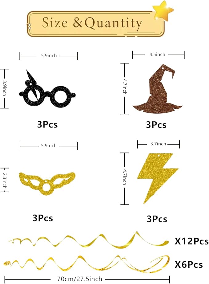 Magic Wizard Inspired Birthday Decorations for Kids, Glitter Magical Inspired Hanging Swirls, Magical School Wizard Theme Baby Shower Birthday Party Foil Spirals Hanging Decorations Supplies