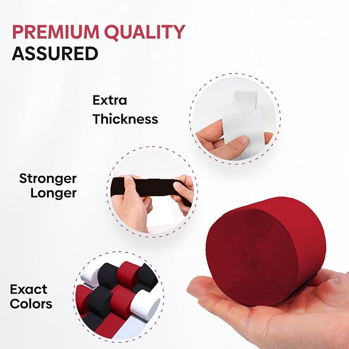 Captain Décor 8 Red Black and White Streamers, 656ft Pack of Crepe Paper for Red Black and White Party Decorations, Bridal Shower and Party Supplies & Birthday Decoration (1.8 inch x 82 ft/Roll)