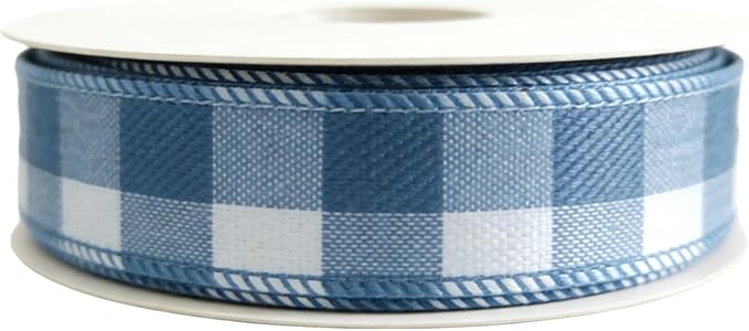 Meseey 7/8 Inch Blue and White Plaid Wired Ribbon, 10 Yards Patriotic Check Wired Edge Ribbon for Gift Wrapping, Crafts, Wreaths, Bouquets, Holiday & Home Decor