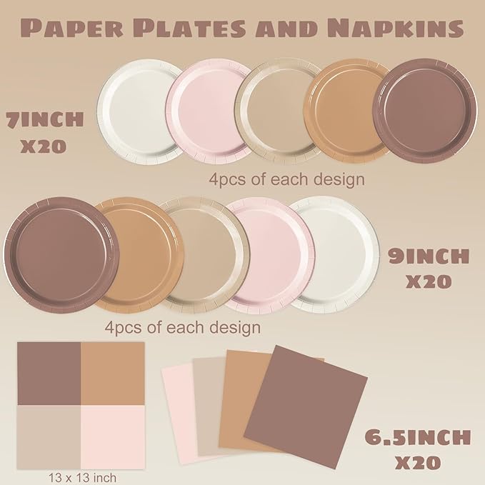 Oigco 60 PCS Brown Paper Plates Boho Baby Shower Decorations Gradient Brown Plates and Napkins for Birthday Wedding Boho Baby Shower Bridal Shower Party Supplies