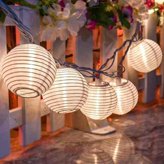 White Lantern String Lights Plug in, 8.5Ft Hanging Indoor Decorative String Lights with 10 Cute White Nylon Lanterns Lights Connectable for Indoor Outdoor Bedroom Ramadan Backyard Patio Bistro Decor