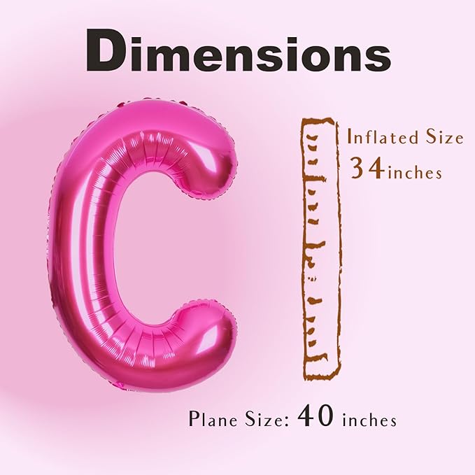 SUWEN 40 Inch Hot Pink Large C Letter Balloons Big Foil Helium Letter Balloons A-Z Jumbo Mylar Happy Birthday Party Decorations for Woman Anniversary Party Supplies