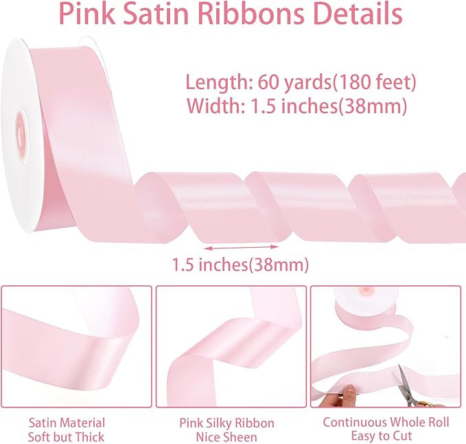 woric Pink Ribbon 1 1/2 Inch 60 Yards Light Pink Bows Wedding Decor Satin Ribbon for Mothers Day Bridal Baby Shower Decor Flower Bouquet Handmade Roses Graduation Leis