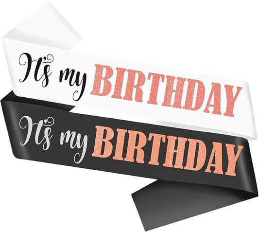 It's My Birthday Sash with Glitter Rose Gold, Black and White Birthday Sashes Decorations for Girls women and Men 16th 18th 21st 30th 40th 50th 60th or Any Birthday Party Supplies Gifts