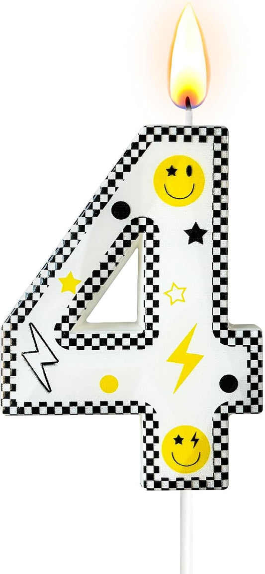 Number 4 Birthday Candle for Cake – 2.7 Inch Large Size Black White Checkered Smiley Design with Lightning & Star – four Happy Dude Theme Cake Topper Decoration