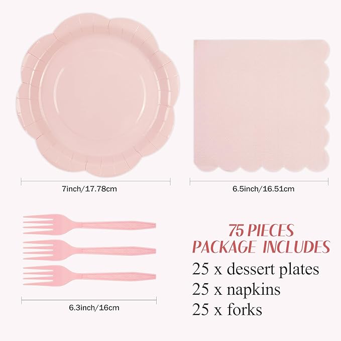 75 PCS Pink Paper Plates and Napkins Party Supplies, LightPink Scalloped Plates Napkins Forks Disposable Tableware Set for Bridal Baby Shower Wedding Birthday Party Decorations (Pink)