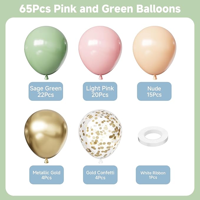 Pink and Green Balloons, 12inch 65Pcs Retro Green and Pink Balloons with Metallic Gold for Birthday Bridal Shower Baby Shower Decorations