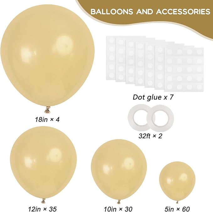RUBFAC 129pcs Light Brown Balloons Different Sizes 18 12 10 5 Inch Latex Tan Balloon Kit for Birthday Party Baby Shower Wedding Anniversary Decoration