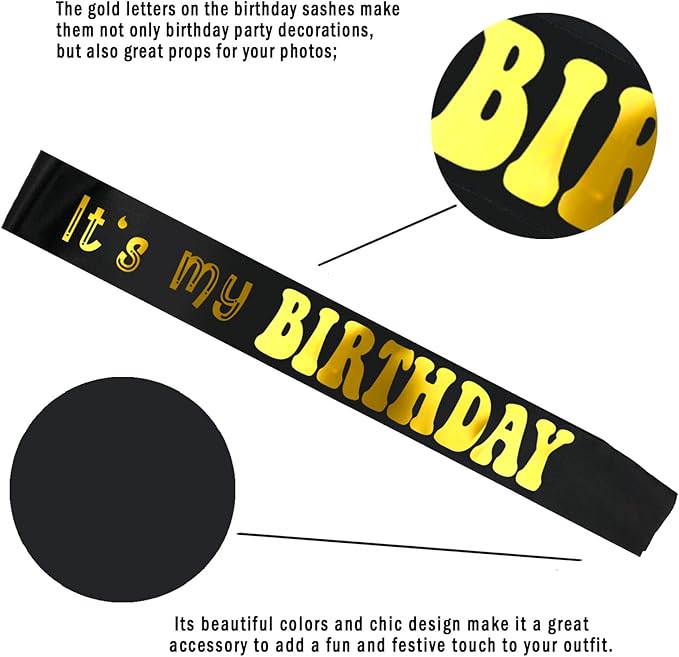 2 Pcs It's My Birthday Sash with Gold Foil - Happy Birthday Sash for Women Girls Men Boys, Birthday Girl Sash, Cheers to Bday Decorations Supplies(Black & White, Rose Gold)