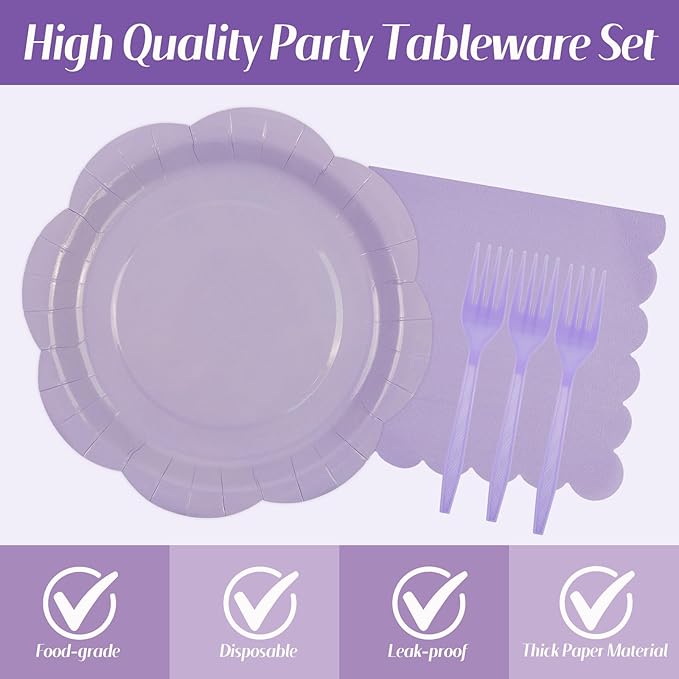 75 PCS Purple Paper Plates and Napkins Party Supplies, Light Purple Scalloped Plates Napkins Forks Disposable Tableware Set for Bridal Baby Shower Wedding Birthday Party Decorations