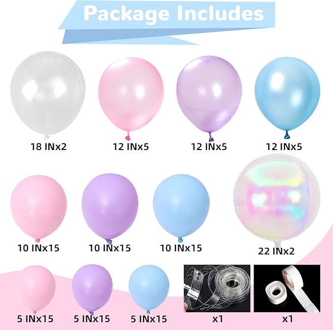 HILAVO Pink Blue Purple Balloons Arch Kit Iridesent Balloons Clear Balloon Pastel Pearl Pink Purple Lavender Blue Balloon Garland for Girl Gender Reveal Hawaii Birthday Baby Shower Mermaid Party Decor