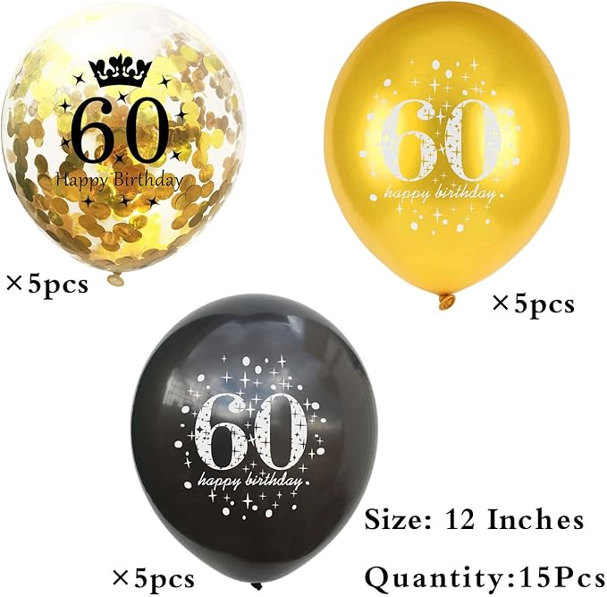 SHUNTAI 60th Birthday Balloons Black and Gold 60th Birthday Decorations for Men Women Latex Confetti Balloon 60 Years Old Anniversary Theme Happy Birthday Party Supplies 15 Pack 12 Inch