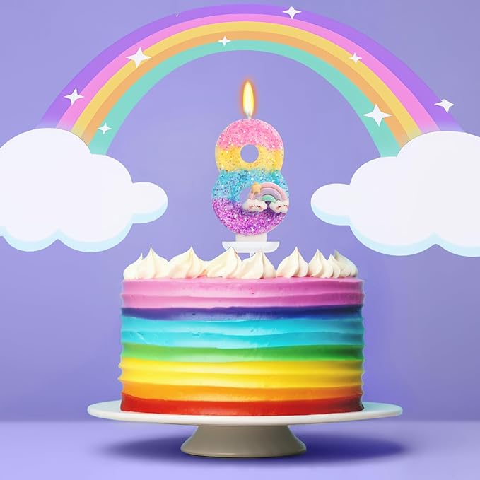 Rainbow Candles for Cakes, Number 8 Candle Rainbow Cake Topper for 8th Birthday Decorations for Girls