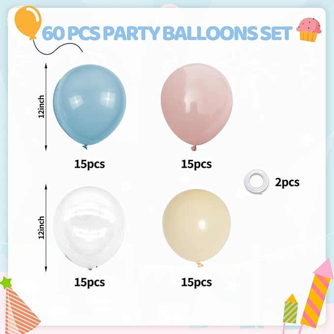 Dusty Pink Blue Balloons Set, 60 Pcs Gender Reveal Balloons, Retro Blue Pink Slate Blue Beige Ivory White Clear Latex Balloon Helium for Boy or Girl Birthday Neutral Baby Shower Party Decorations