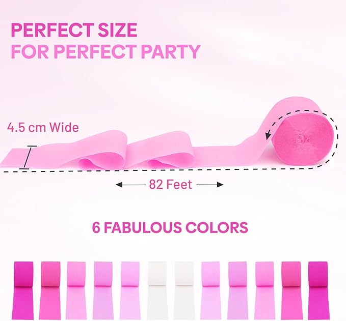12 Pink Streamers, 984ft Pack of Pink Crepe Paper Rolls for Decorations, Birthday Streamer, Party Streamers for Bachelorette Decorations (1.8 inch x 82 ft/Roll)