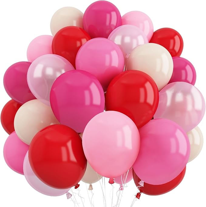 Pink and Red Balloon Set, Valentine Balloons Decorations, 12 Inch Red Pastel Light Hot Pink White Latex Balloon for Women Valentine's Day Birthday Wedding Bridal Shower Anniversary Party Decorations