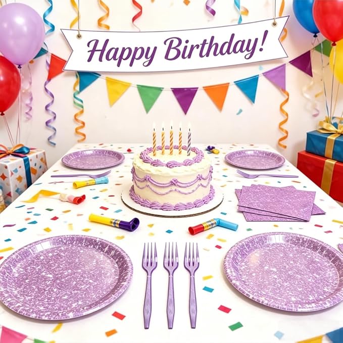80Pcs Glitter Purple Paper Plates Set, Birthday Party Supplies Disposable Tableware Set Napkins and Forks, Birthday Decor for Girls, Kids Bachelorette & Graduation Parties, 20 Guests