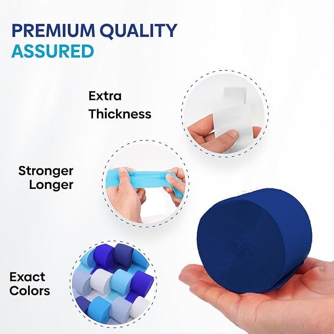 Captain Décor 12 Blue and White Streamers, 984ft Pack of Crepe Paper of White and Blue Party Decorations, Decorations for Party and Birthday Decor