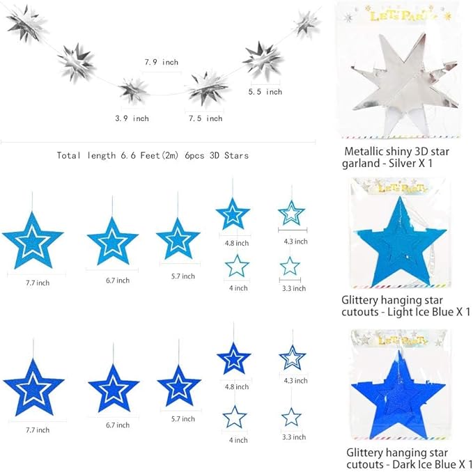 Decor365 Blue Star Garland 3D Hanging Twinkle Little Star Decorations Glittery Navy Blue Party Supplies for Baby Shower, Birthday New Year Eve Graduation Christmas Ramadan Galaxy Theme Star Decor