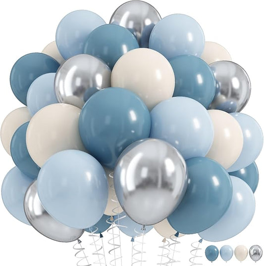 Dusty Blue Balloon Set, 60Pcs 12 Inch Retro Baby Slate Blue Ivory White Metallic Silver Balloons Birthday Decor, Pastel Blue Beige Cream Ocean Balloon for Bridal Wedding Gender Reveal Party Decoration
