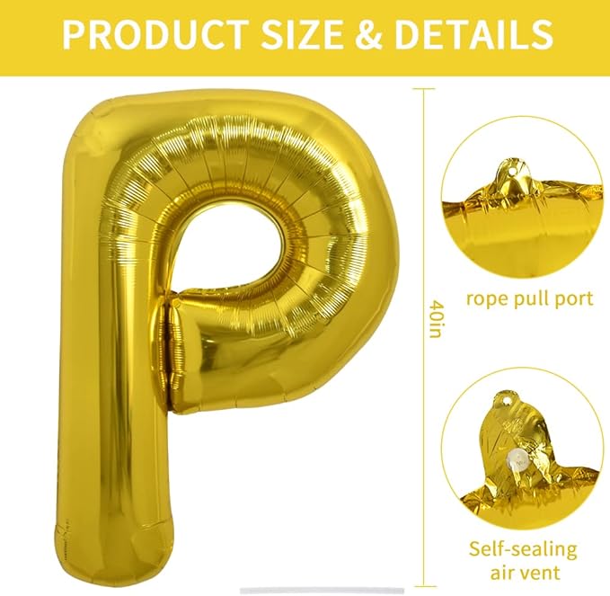 TONIFUL 40 Inch Large Gold Letter P Balloons Helium Balloons,Foil Mylar Big Balloons for 2026 New Year Eve Graduation Wedding Baby Shower Birthday Party Anniversary Supplies Decorations
