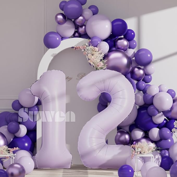 SUWEN 40 Inch Light Purple Large 12 Balloon Number Big Foil Helium Lavender Number Balloons Huge Mylar 0-9 Giant Jumbo Happy 12th Birthday Party Anniversary Decorations