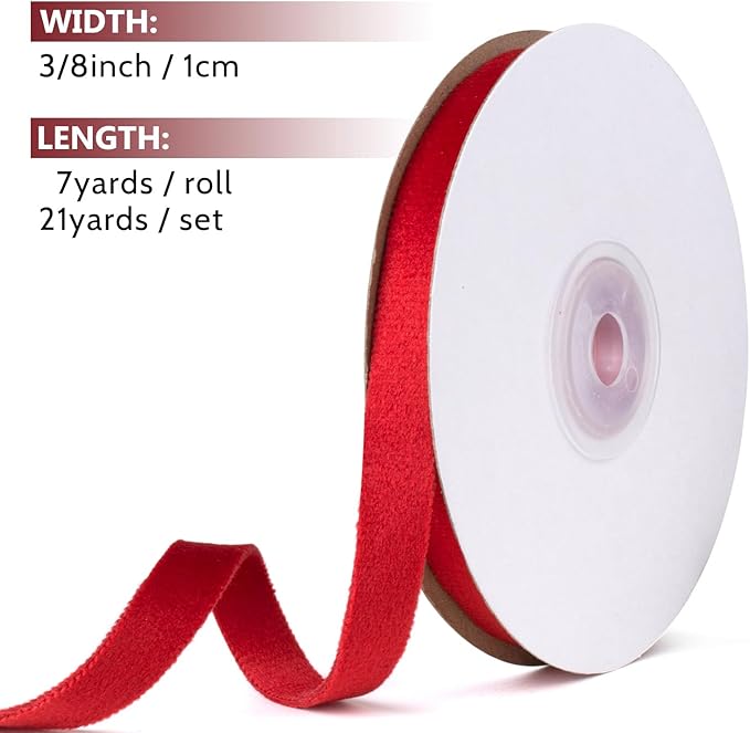 Red Velvet Ribbon 3/8 Inch x 21Yd Vintage Thin Red Double Faced Velvet Ribbon for Christmas Tree Ornaments Gift Wrapping Wedding Decoration Wreath & Hair Bows Making