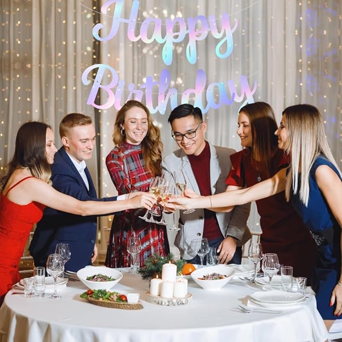 BEISHIDA Happy Birthday Banner - NO DIY,Iridescent 10Feet Pre-Strung-Glitter Birthday Sign Garland Backdrop Decorations for Women men Party