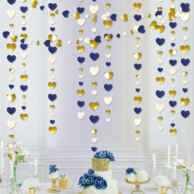 52Ft Valentines Day Party Decorations Navy Blue Gold Love Heart Garland Royal Blue Gold Hanging Streamer Banner for Anniversary Mothers Day Bachelorette Engagement Wedding Bridal Shower Birthday Party