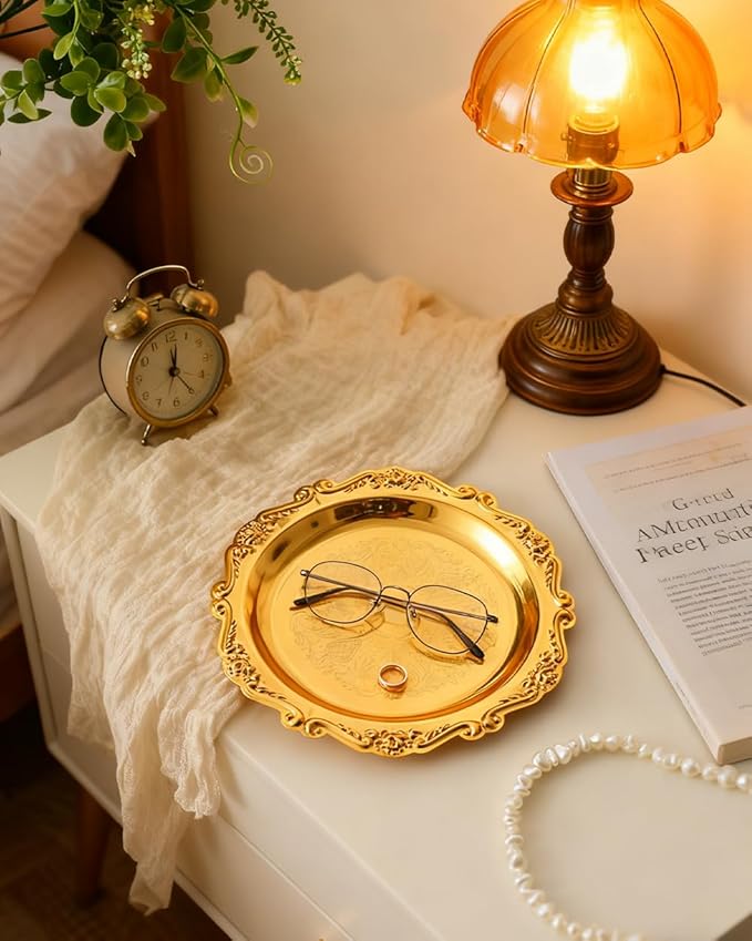 Gold Decorative Tray Set of 2, 8'' Round Vintage Metal Vanity Tray for Perfume, Small Ornate Jewelry Dish, Bathroom Counter Organizer, Coffee Table Decor