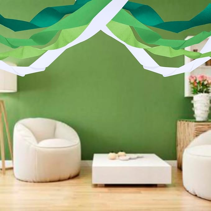 PheiLa Green Party Supplies, 4 Rolls Green and White Crepe Paper Streamers for DIY Gift Wrapping Paper Birthday Baby Shower Wedding Holiday Party Decorations, 1.77 Inch x 82 Ft/Roll, 328ft