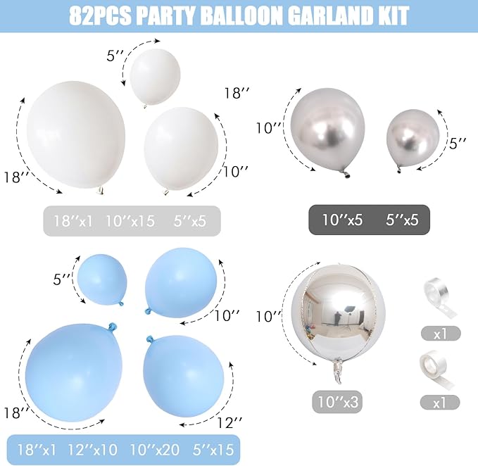 Jobkoo Blue White Balloon Arch Kit Baby Blue White Silver Balloon Garland 4D Silver Foil Balloons Pastel Light Blue Silver Latex Balloons Christening Boy Birthday Baby Shower Party Decorations QQ-113