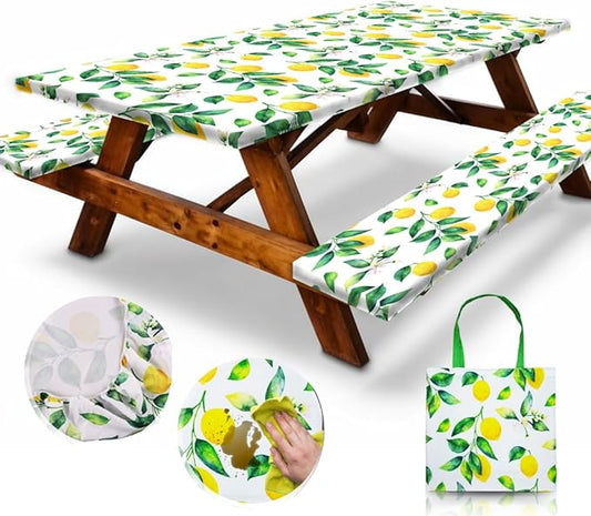 RNOONY 6ft Polyester Picnic Table Cover with Bench Covers Windproof & Waterproof Tablecloth, Perfect for Camping Gifts & RV Essentials, Cool Camping Gadgets, with Carrying Bag, 72x30 Inches, 4Pcs