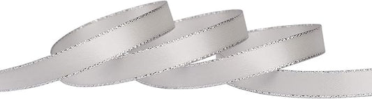 3/8" Double Face Satin Ribbon with Silver Edge 25 Yards (007-Shell Grey), Set for Gift Wrapping, Party Decor, Wedding and Craft