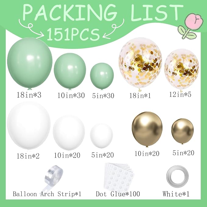 151pcs Sage Green Balloon Arch Kit Different Sizes 18 12 10 5 Inch Sage Green balloons White Gold Latex Balloons for Birthday Baby Shower Gender Reveal Wedding Engagement Party Decorations
