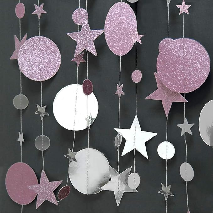 Decor365 Silver Pink Star Garland Decorations Twinkle Little Star Birthday Baby Shower Graduation Party Decor Banner Moon Stars Starry Night Galaxy Planet Celestial Theme Backdrop