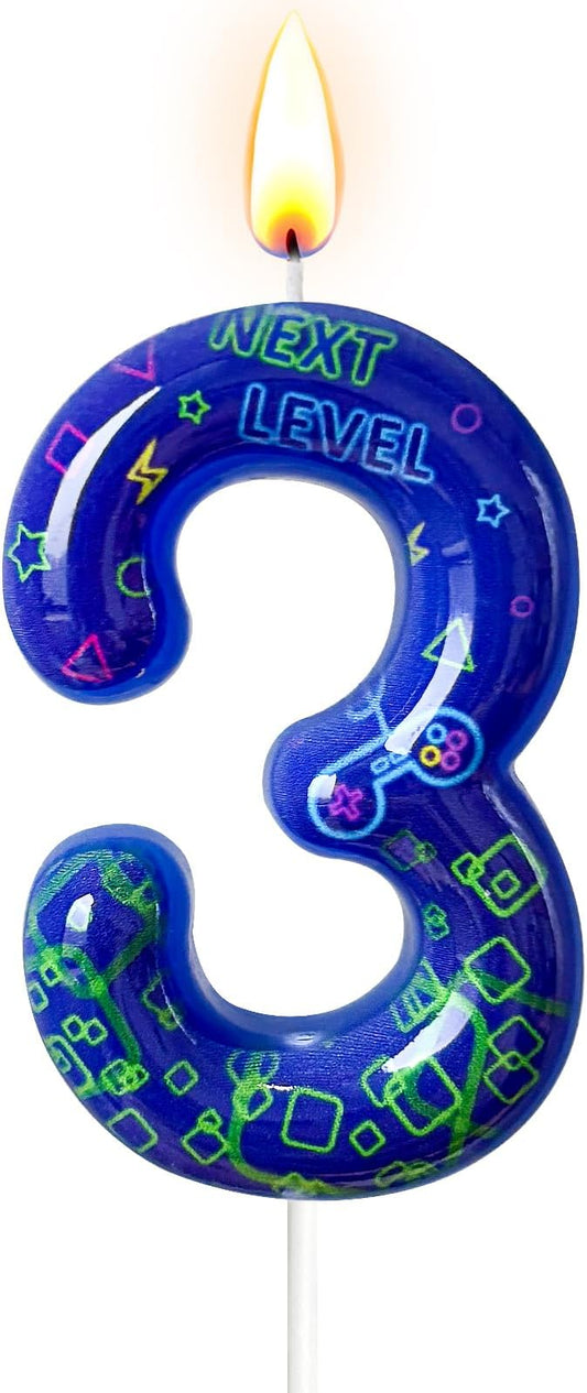Number 3 Birthday Candle for Cake – Blue Gaming Theme Number Candle with “Next Level” Design, Video Game Style Cake Topper for Anniversary & Celebration