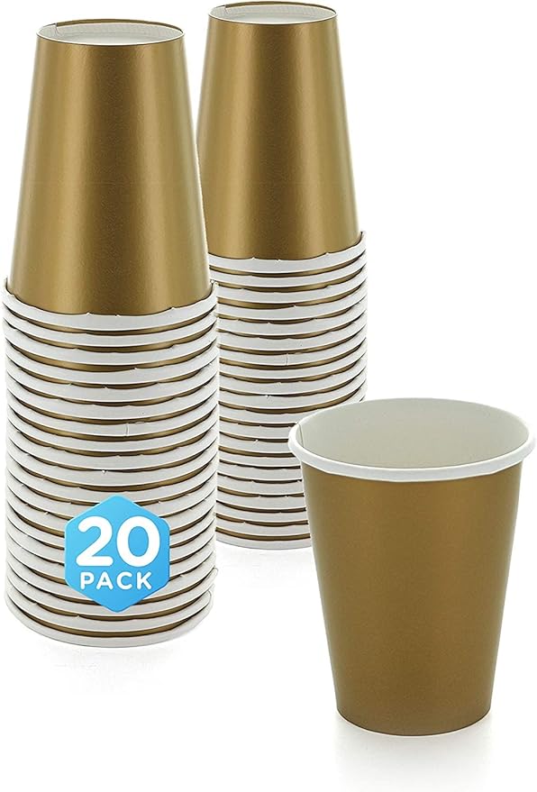 Disposable Paper Cups, 8 oz. Gold Paper Coffee Cups, Strong and Sturdy Coffee Disposable Cups for Party, Wedding, Thanksgiving Day, Christmas, Halloween Hot Cups, Pack of 20