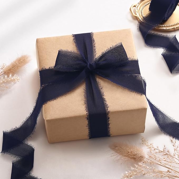 DORIS HOME Dark Navy Chiffon Ribbon for Flower Bouquet, 1" x21Yd Fabric Ribbon for Gift Wrapping, Handmade Frayed Ribbon for Wedding Invitations/Christmas Decorations