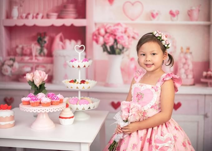 Kate Sweet Heart Backdrops Pink Kitchen Theme Girls Birthday Party Decorations Photo Studio Props, 8x8ft