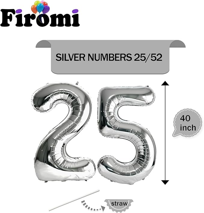 FIROMI 25 Number Balloons Silver Big Giant Jumbo Huge Foil Mylar 25 Balloon Numbers for 25th Birthday Party Anniversary Events Decorations 40-inches