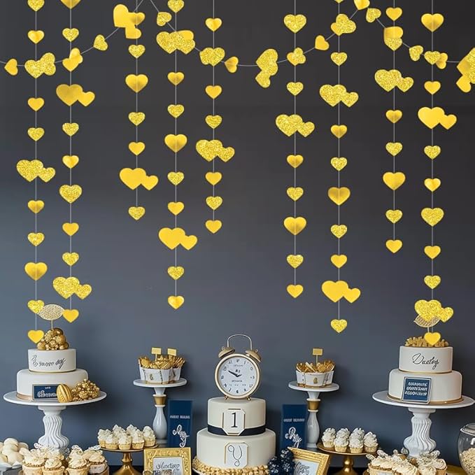 Gold Heart Garland Hanging Sparkling Love Streamer Glitter Bunting Banner Twinkle Heart Backdrop for Wedding Engagement Valentines Galentines Birthday Party Decor 40 Feet